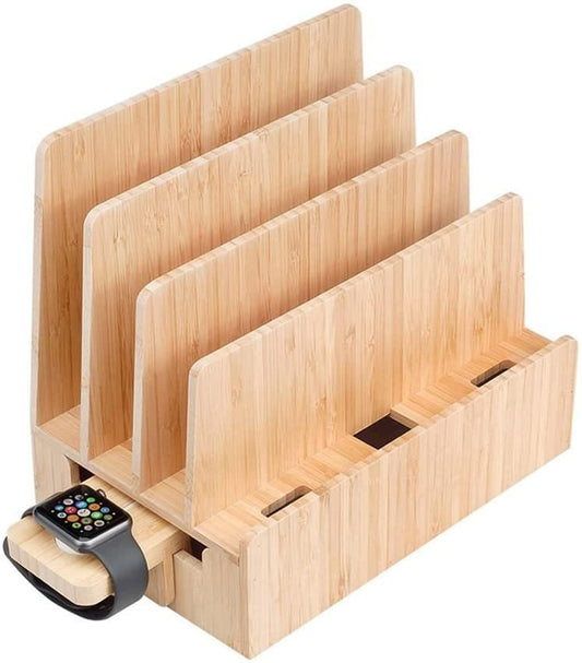 Bamboo Charging Station: Multi Device Organizer with Apple Watch Adapter