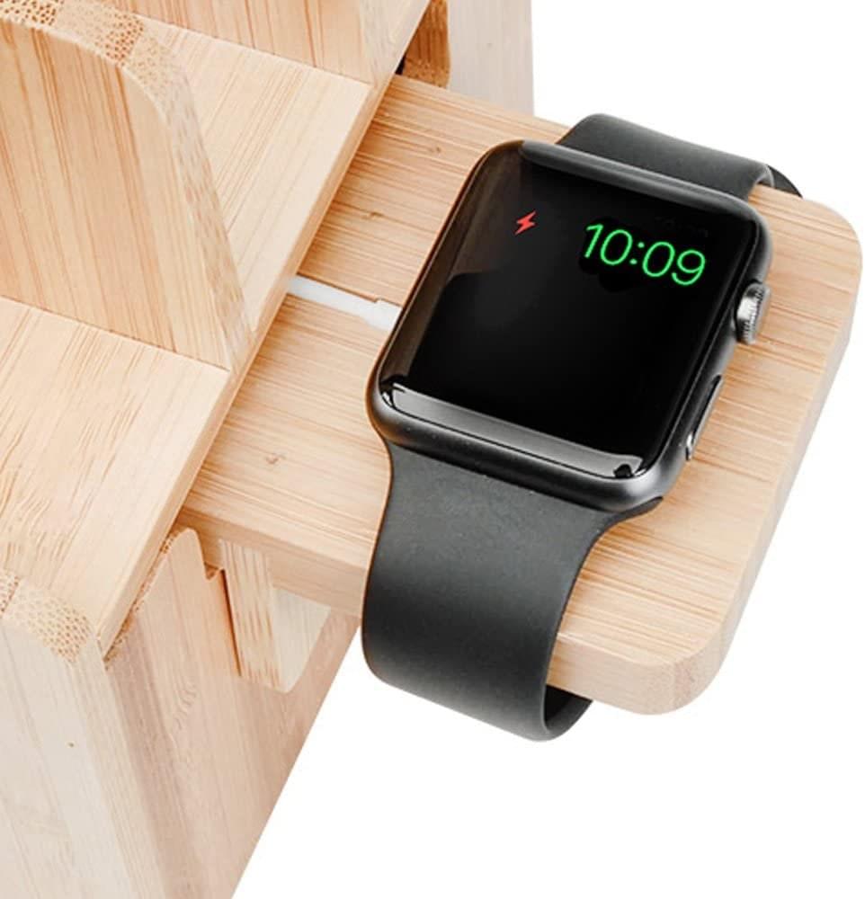 Bamboo Charging Station: Multi Device Organizer with Apple Watch Adapter