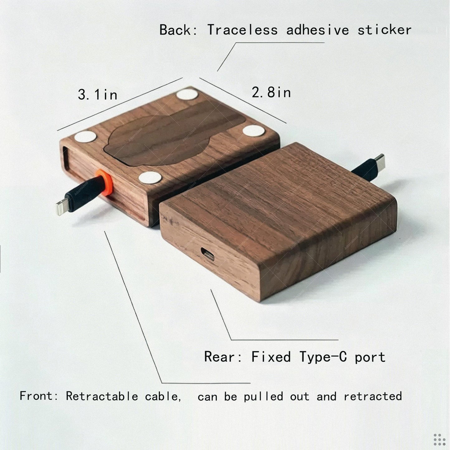 Wood Desk Organizer | Retractable Cable Box | Adhesive Cord Holder Walnut Beech