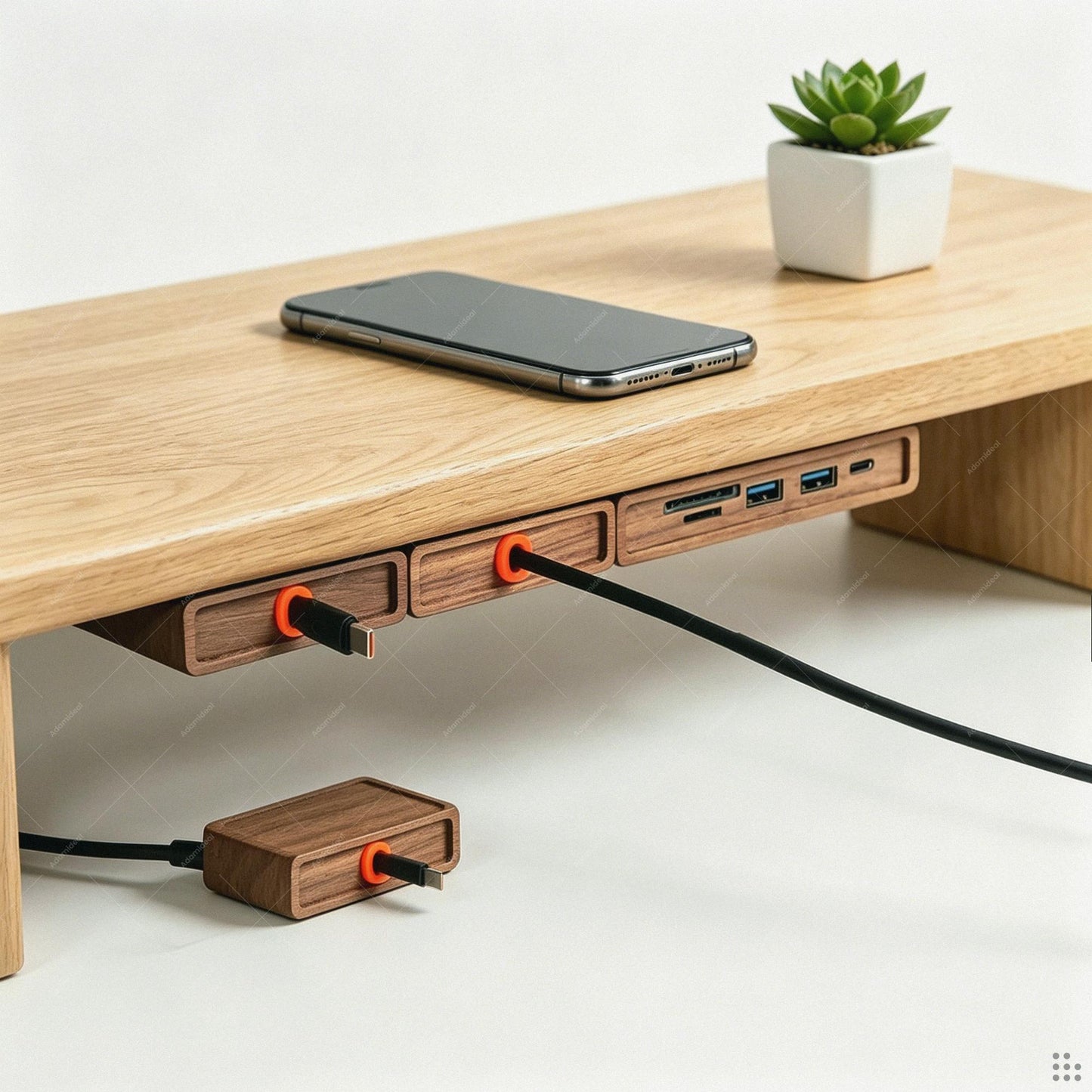 Wood Desk Organizer | Retractable Cable Box | Adhesive Cord Holder Walnut Beech