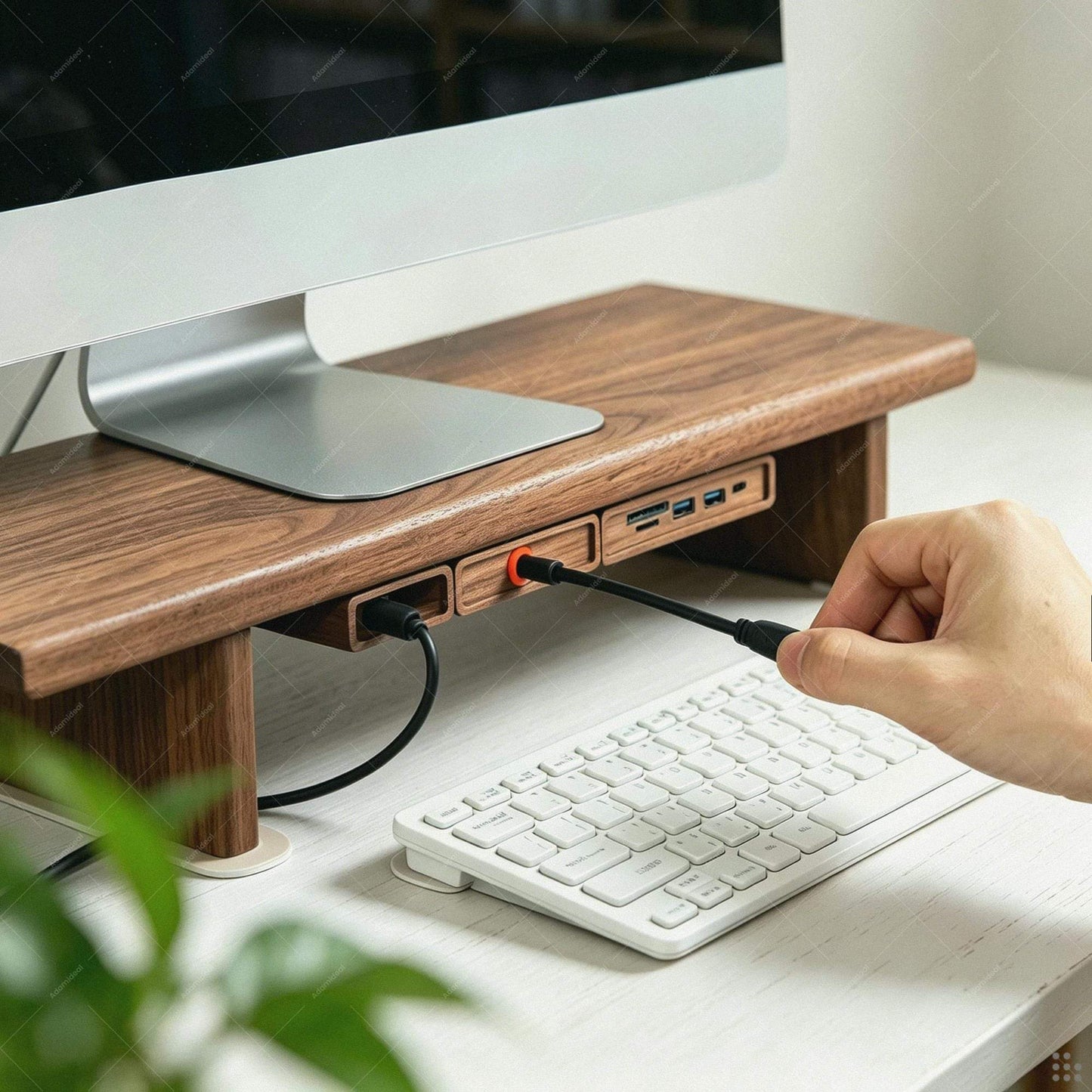 Wood Desk Organizer | Retractable Cable Box | Adhesive Cord Holder Walnut Beech