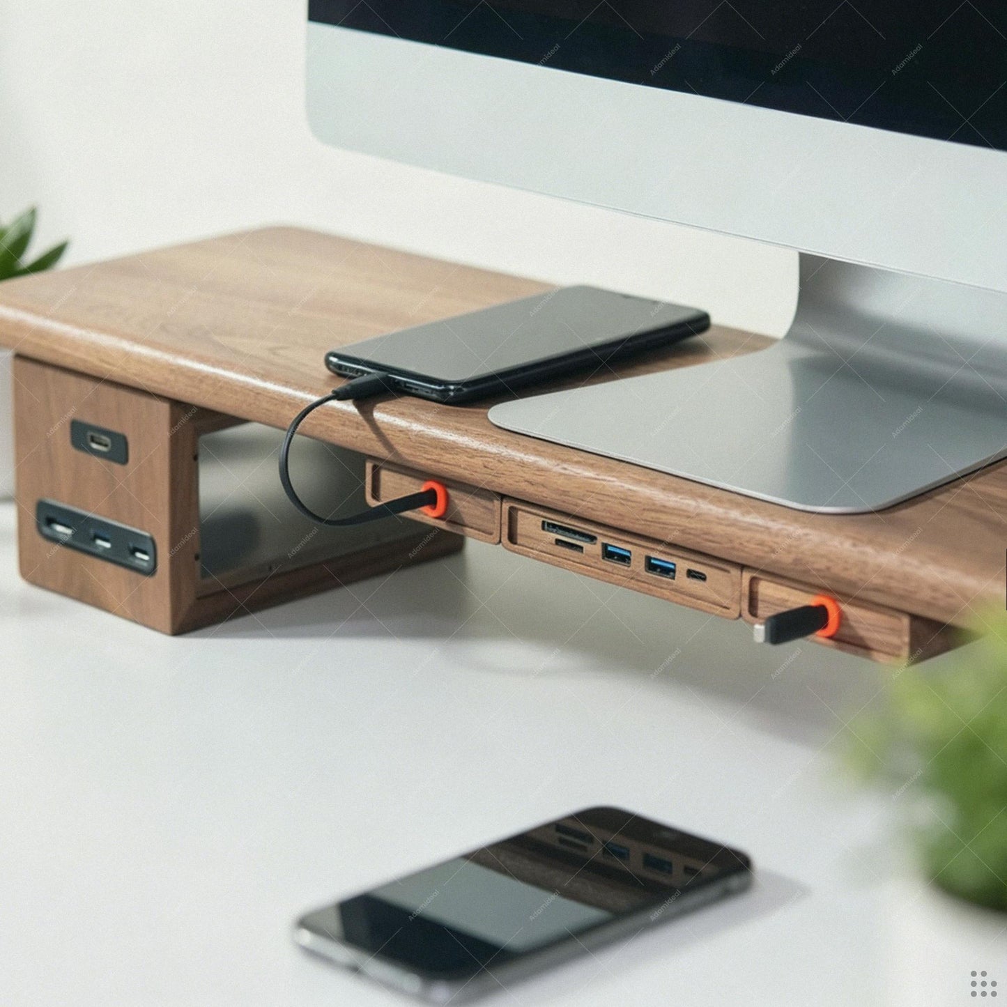 Wood Desk Organizer | Retractable Cable Box | Adhesive Cord Holder Walnut Beech