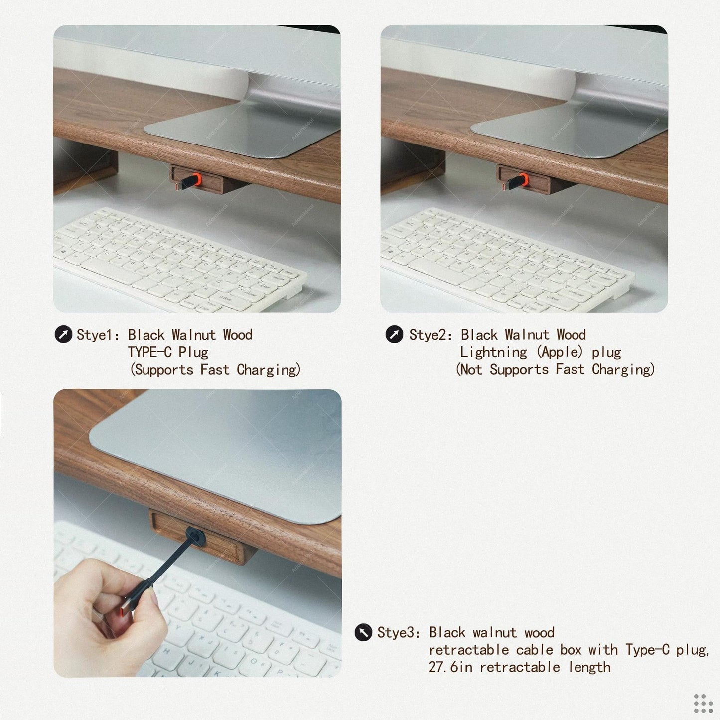 Wood Desk Organizer | Retractable Cable Box | Adhesive Cord Holder Walnut Beech