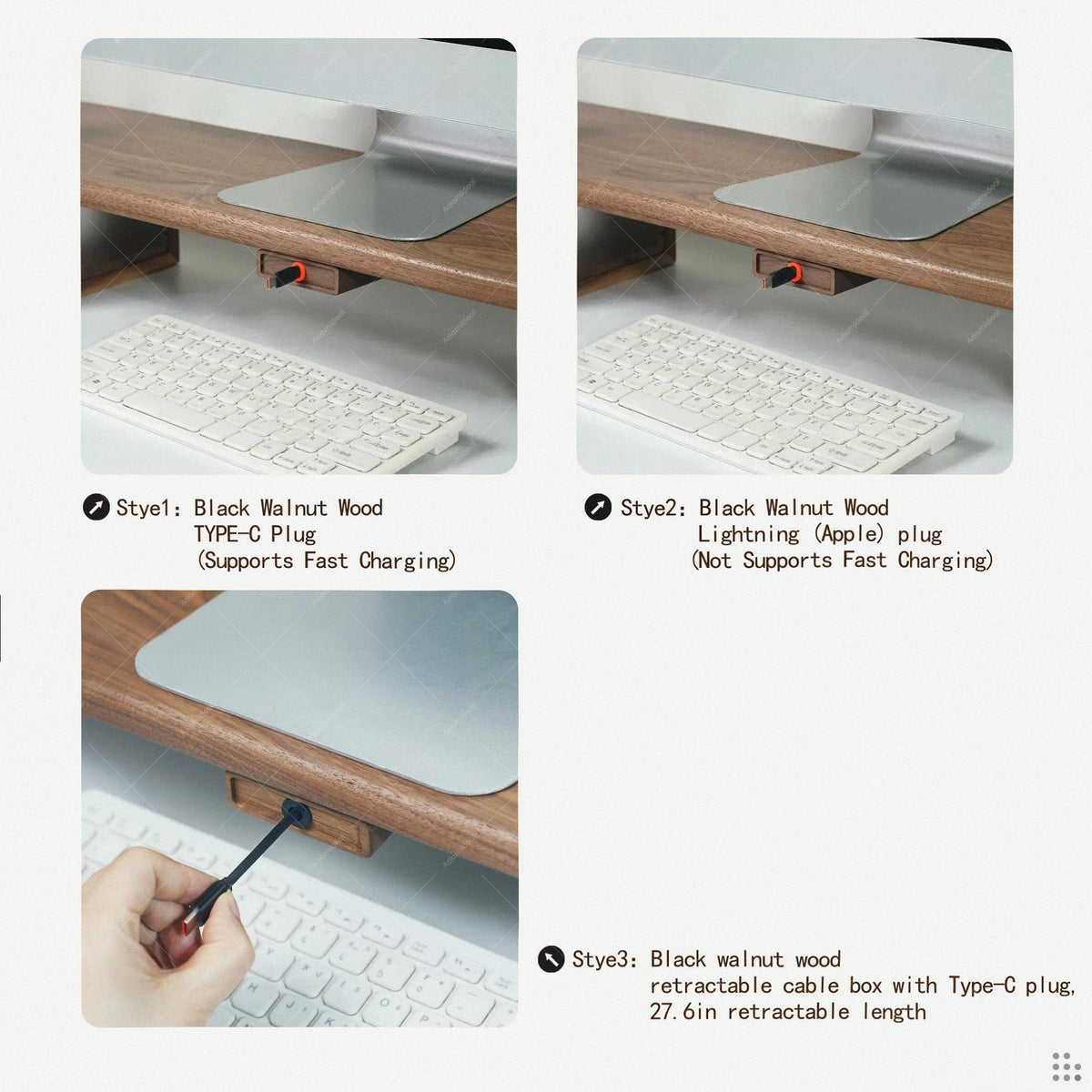 Wood Desk Organizer | Retractable Cable Box | Adhesive Cord Holder Walnut Beech.