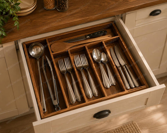 Acacia Wood Expandable Drawer Organizer, 7 Compartment Cutlery Tray, Adjustable Kitchen Storage