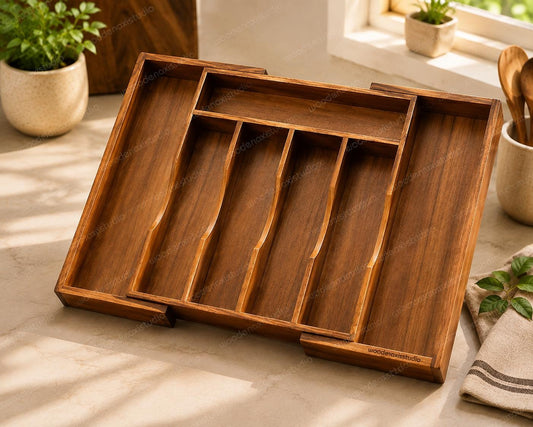 Acacia Wood Expandable Drawer Organizer, 7 Compartment Cutlery Tray, Adjustable Kitchen Storage