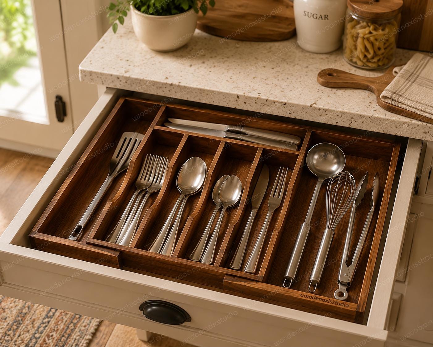 Acacia Wood Expandable Drawer Organizer, 7 Compartment Cutlery Tray, Adjustable Kitchen Storage
