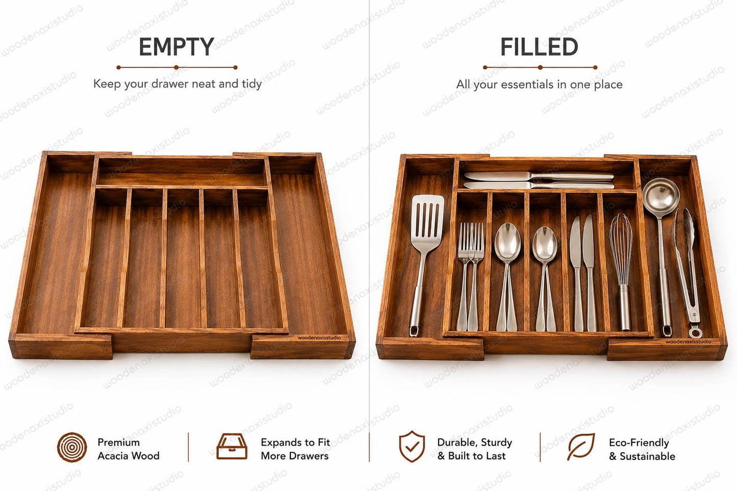 Acacia Wood Expandable Drawer Organizer, 7 Compartment Cutlery Tray, Adjustable Kitchen Storage