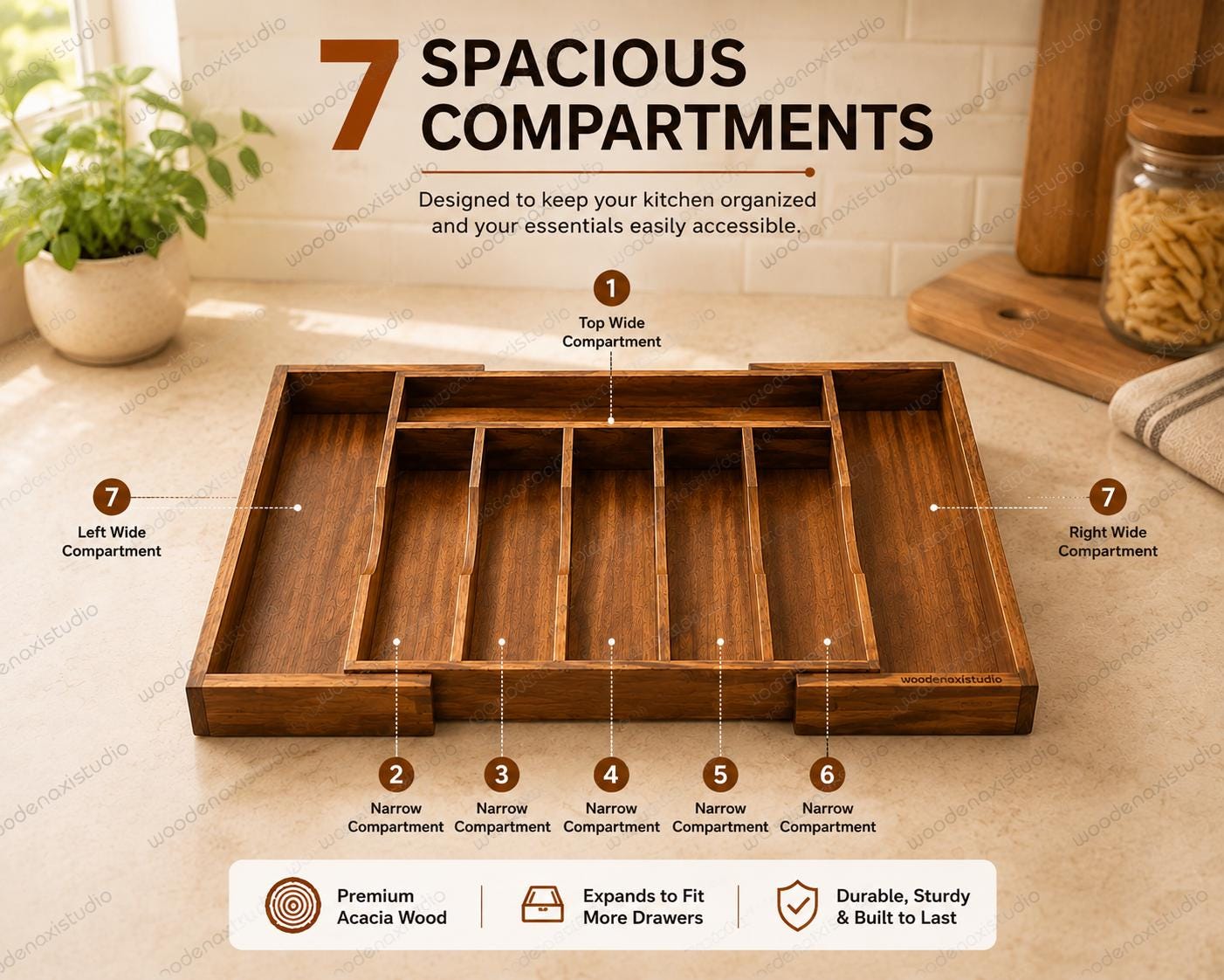 Acacia Wood Expandable Drawer Organizer, 7 Compartment Cutlery Tray, Adjustable Kitchen Storage