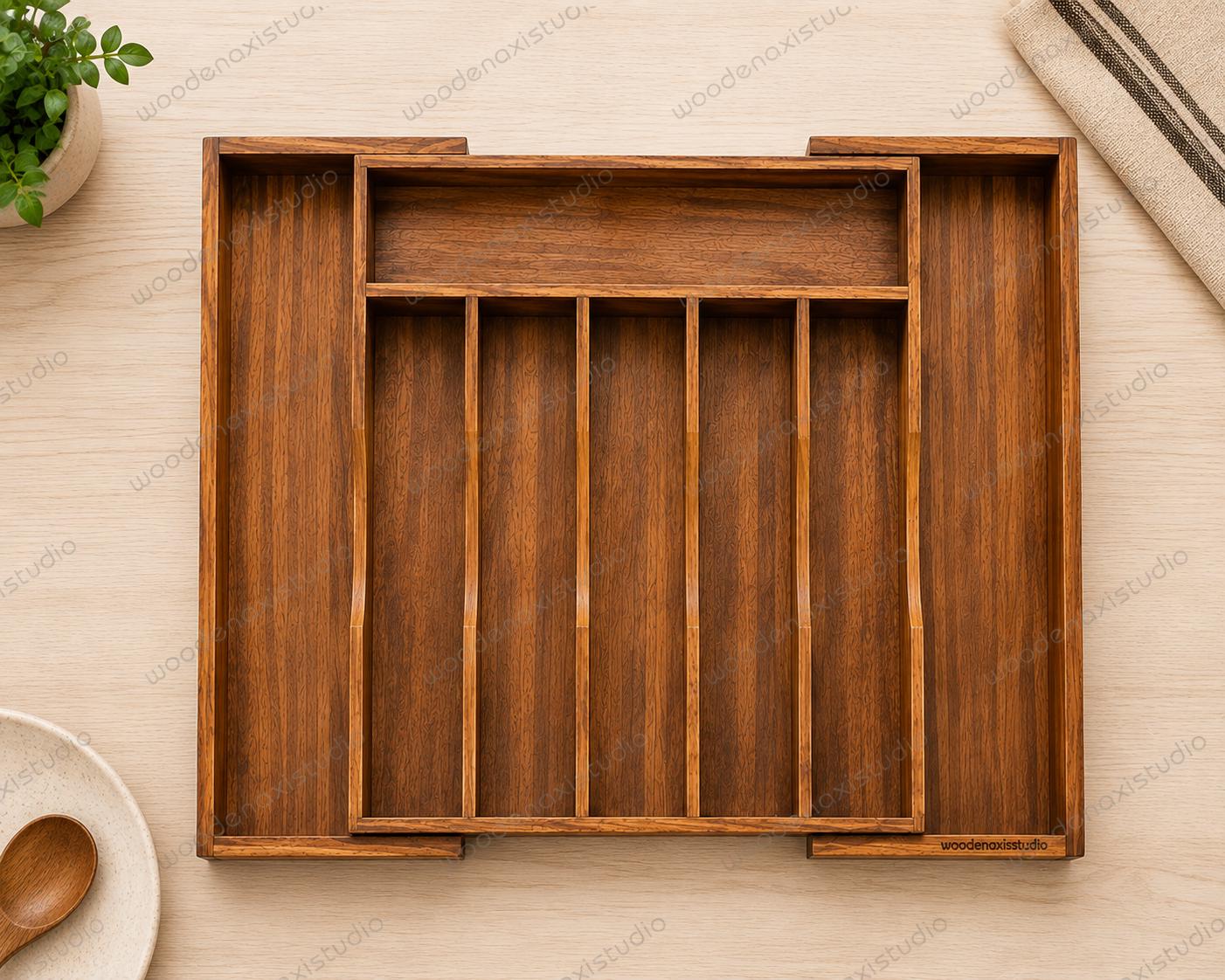 Acacia Wood Expandable Drawer Organizer, 7 Compartment Cutlery Tray, Adjustable Kitchen Storage
