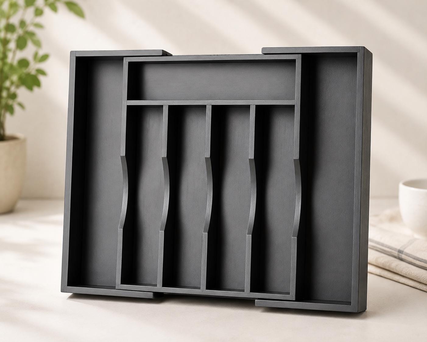 Acacia Wood Expandable Drawer Organizer, 7 Compartment Cutlery Tray, Adjustable Kitchen Storage