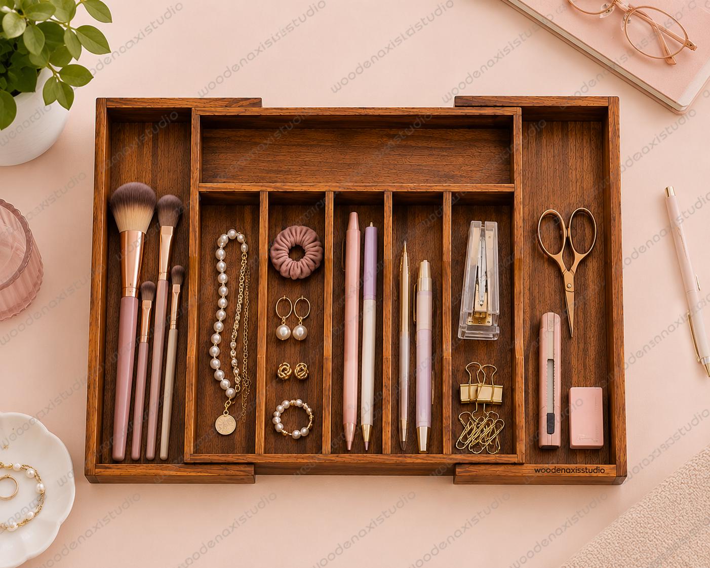 Acacia Wood Expandable Drawer Organizer, 7 Compartment Cutlery Tray, Adjustable Kitchen Storage