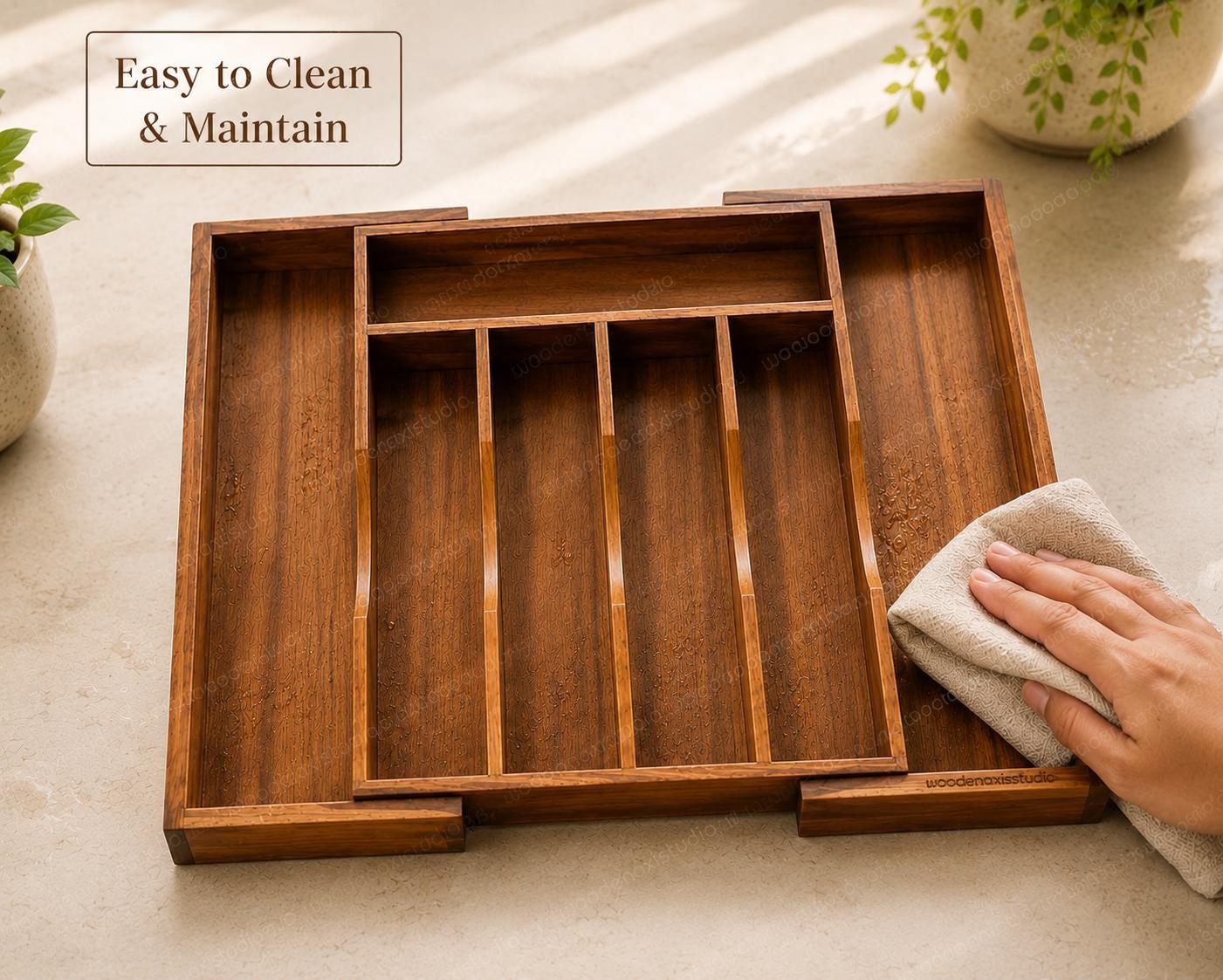 Acacia Wood Expandable Drawer Organizer, 7 Compartment Cutlery Tray, Adjustable Kitchen Storage