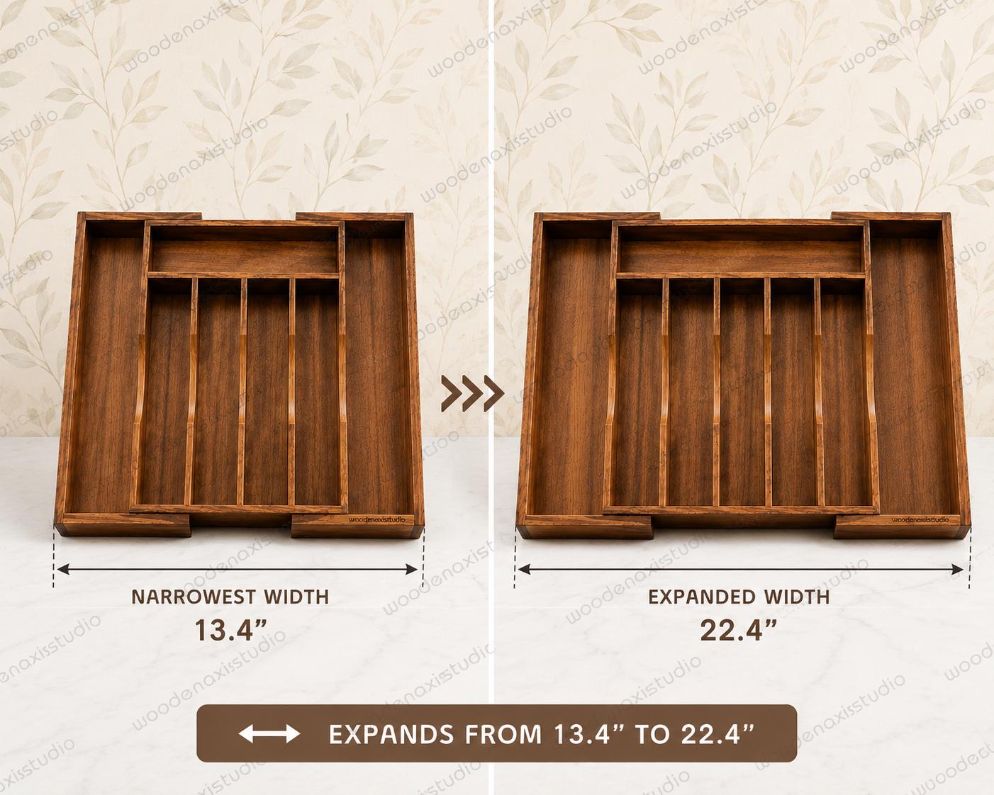 Acacia Wood Expandable Drawer Organizer, 7 Compartment Cutlery Tray, Adjustable Kitchen Storage
