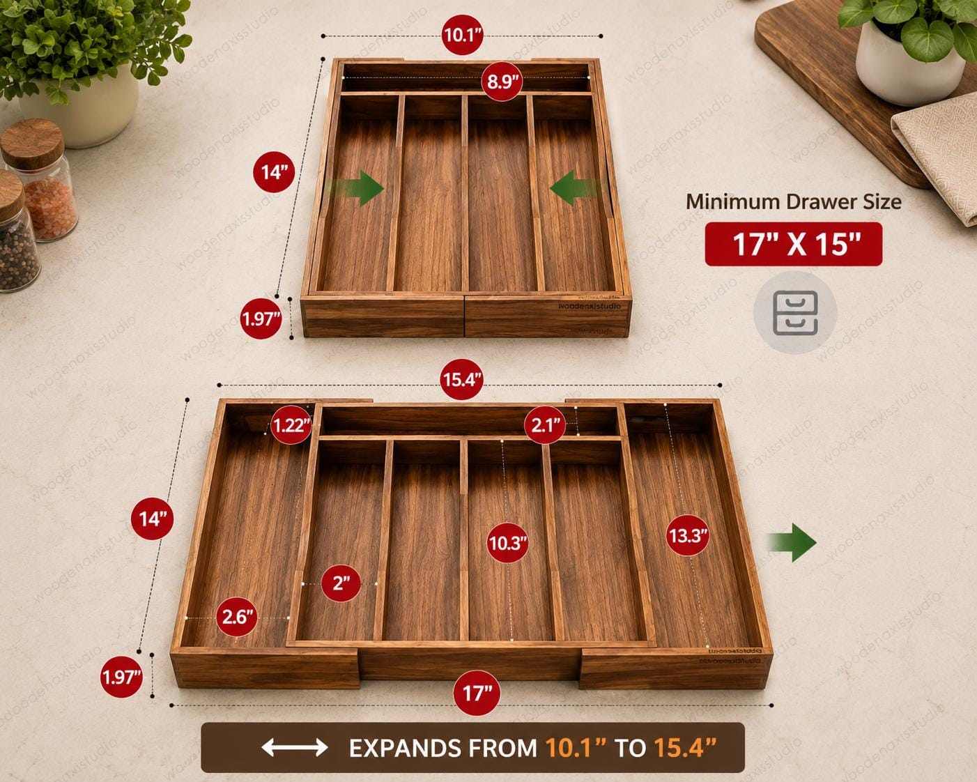 Acacia Wood Expandable Drawer Organizer, 7 Compartment Cutlery Tray, Adjustable Kitchen Storage