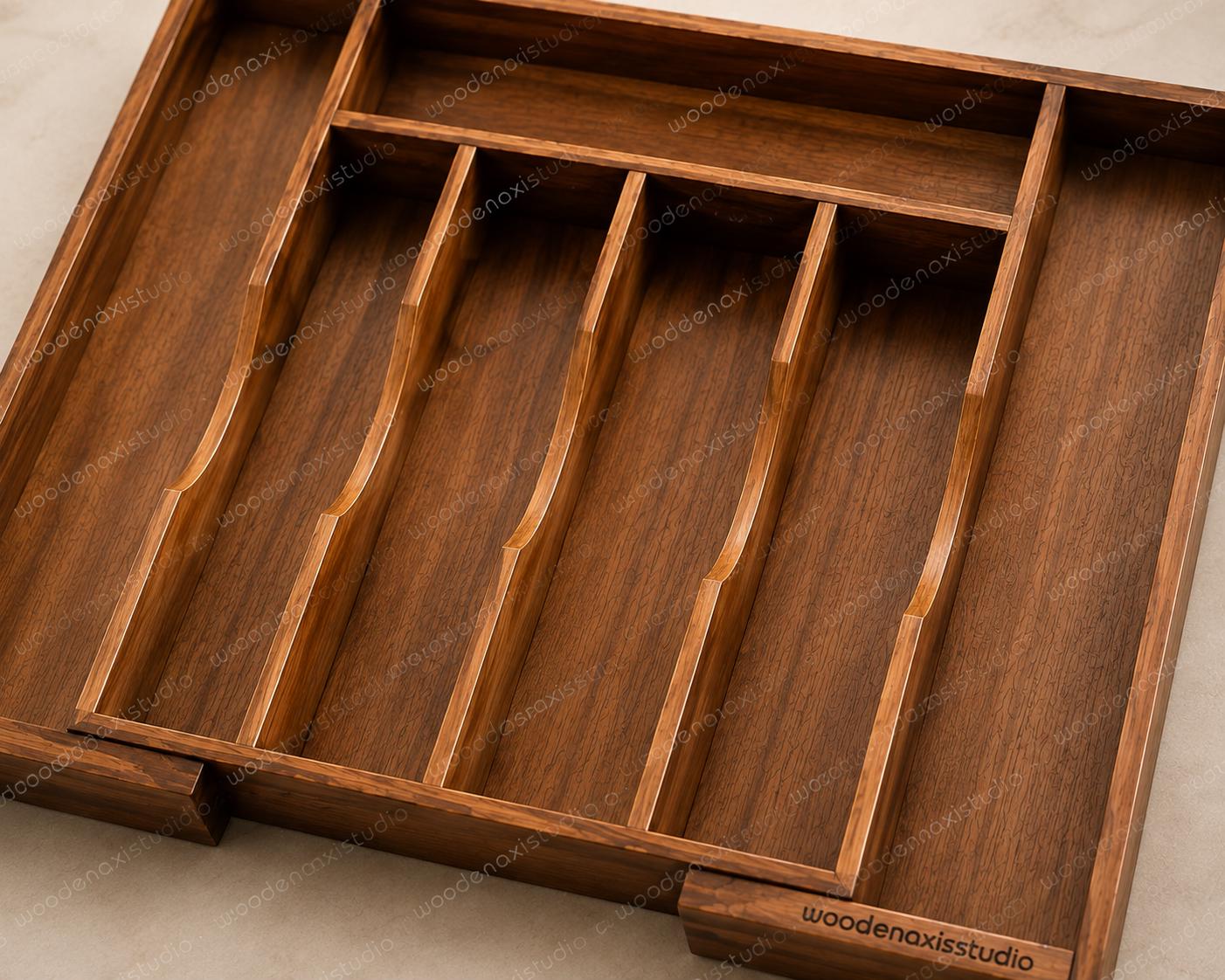 Acacia Wood Expandable Drawer Organizer, 7 Compartment Cutlery Tray, Adjustable Kitchen Storage