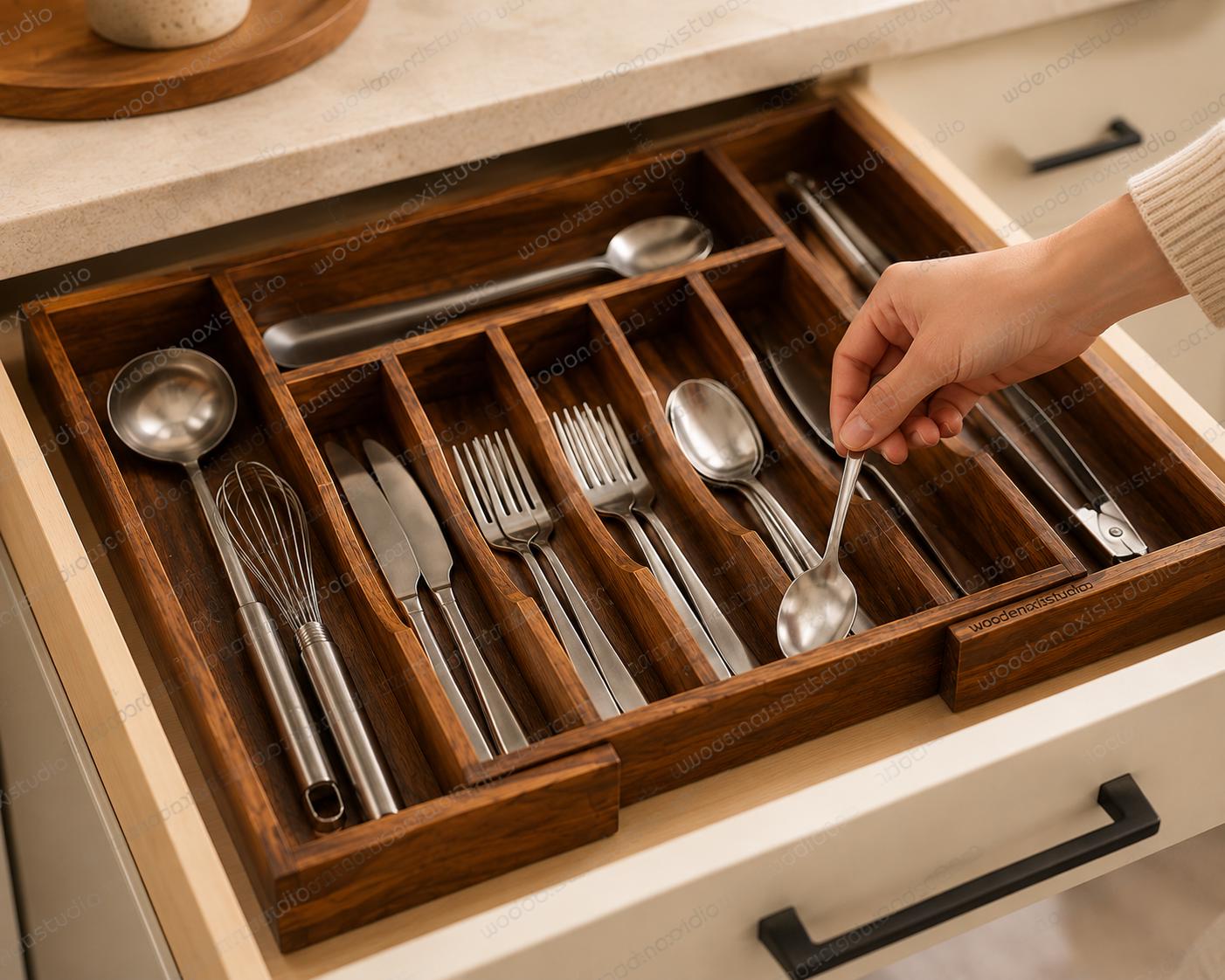 Acacia Wood Expandable Drawer Organizer, 7 Compartment Cutlery Tray, Adjustable Kitchen Storage