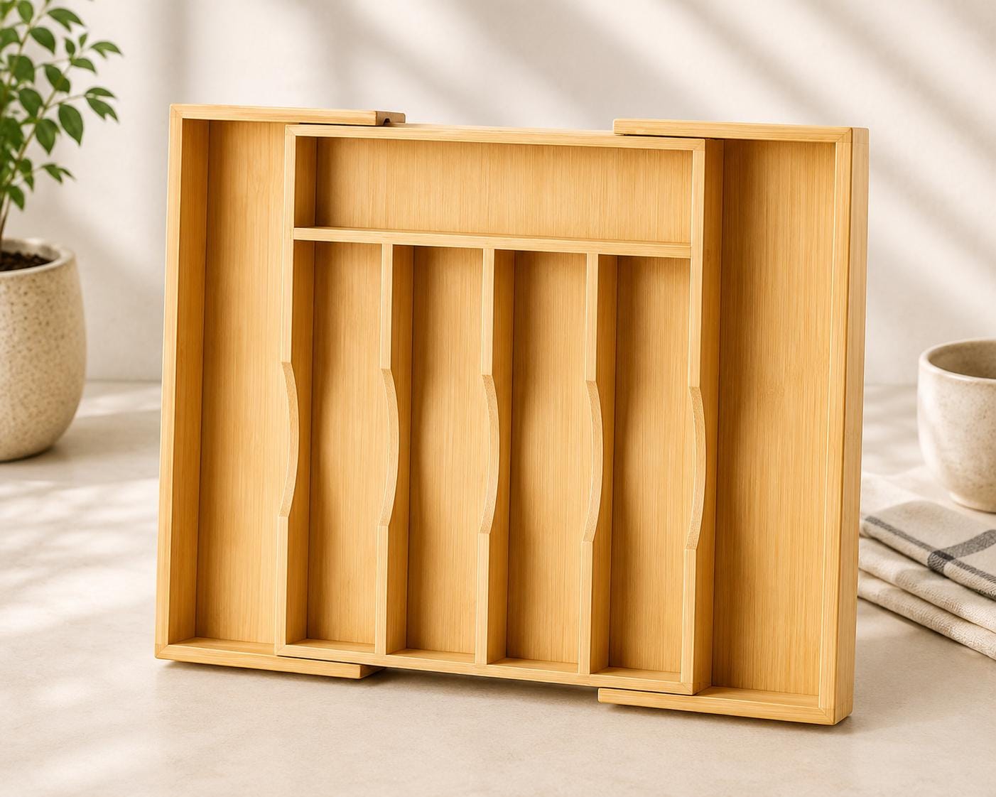 Acacia Wood Expandable Drawer Organizer, 7 Compartment Cutlery Tray, Adjustable Kitchen Storage